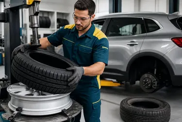 Mecânico trocando o pneu de um carro em uma borracharia.